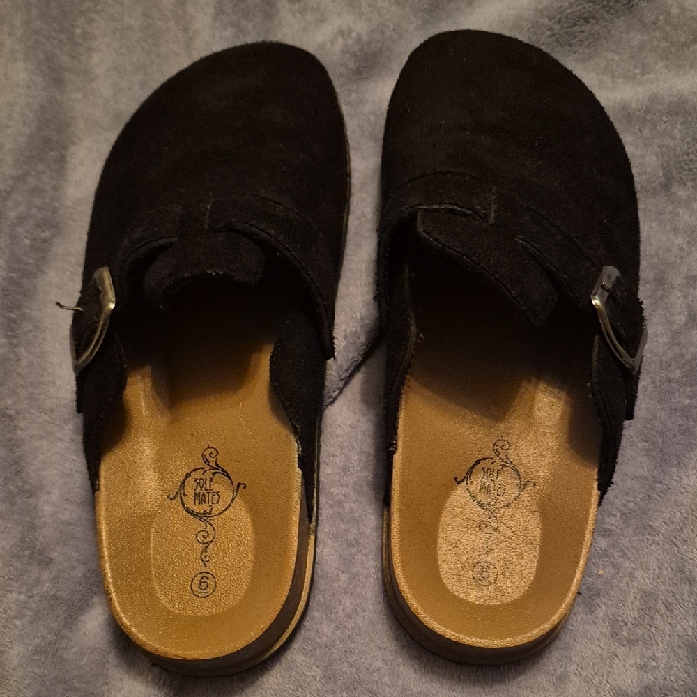 Sole Mates Women's Black Suede Slip-On Clogs with Buckle Size 6